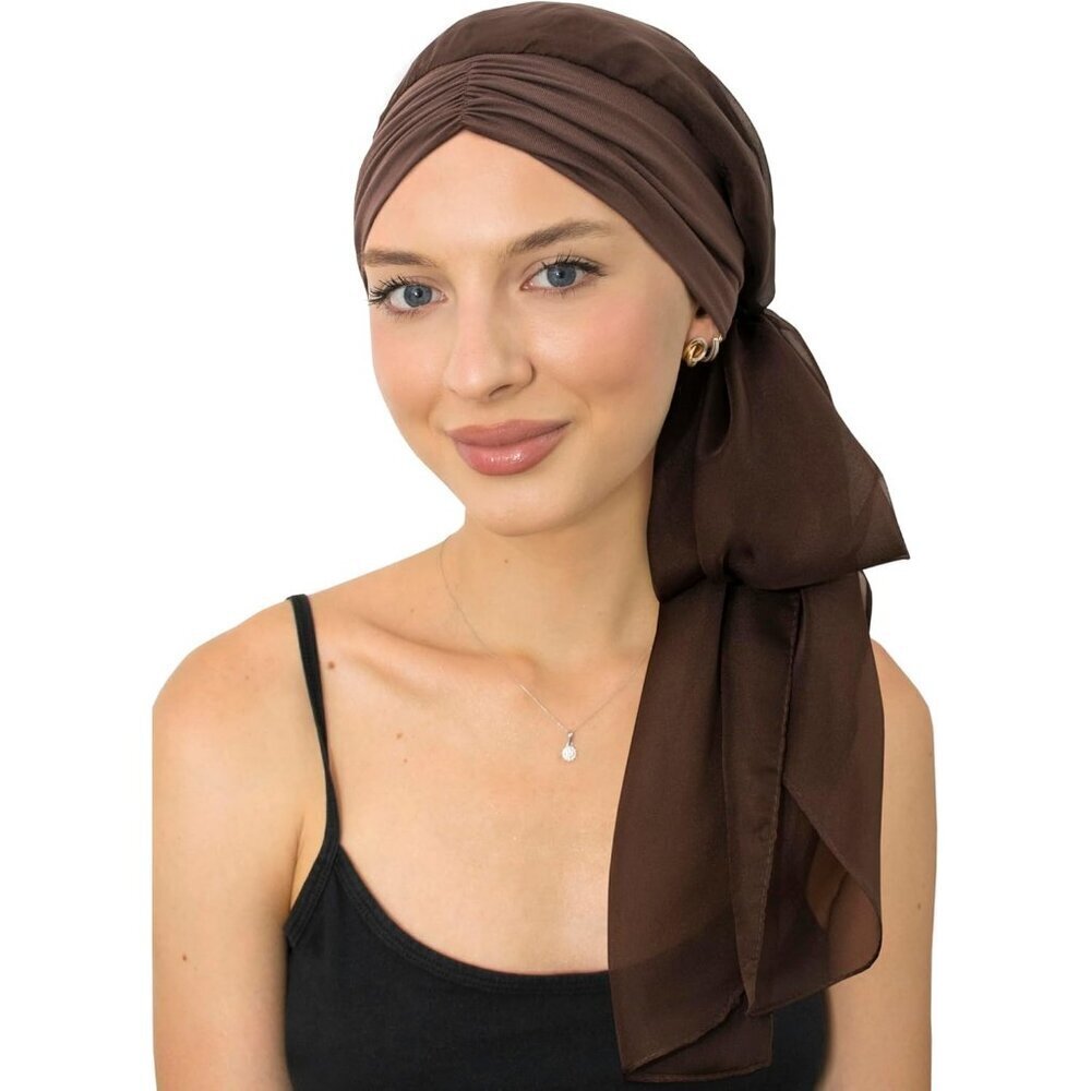Women’s Brown Solid Scarf Skull Cap Chemo Headwear Hair Loss Turban - Picture 1 of 6